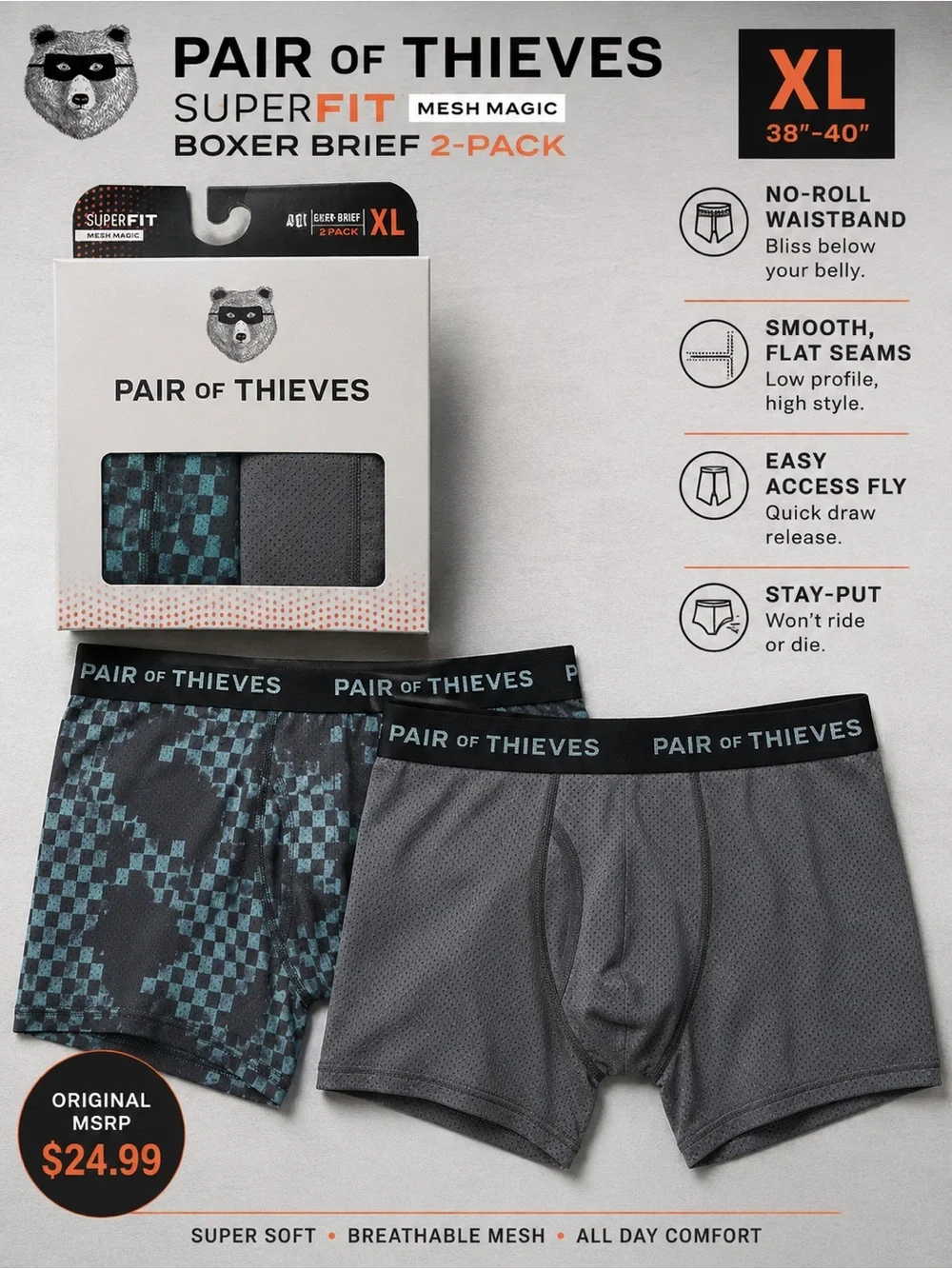 Pair of Thieves SuperFit Mesh Boxer Brief 2-Pack - Gray & Teal - XL